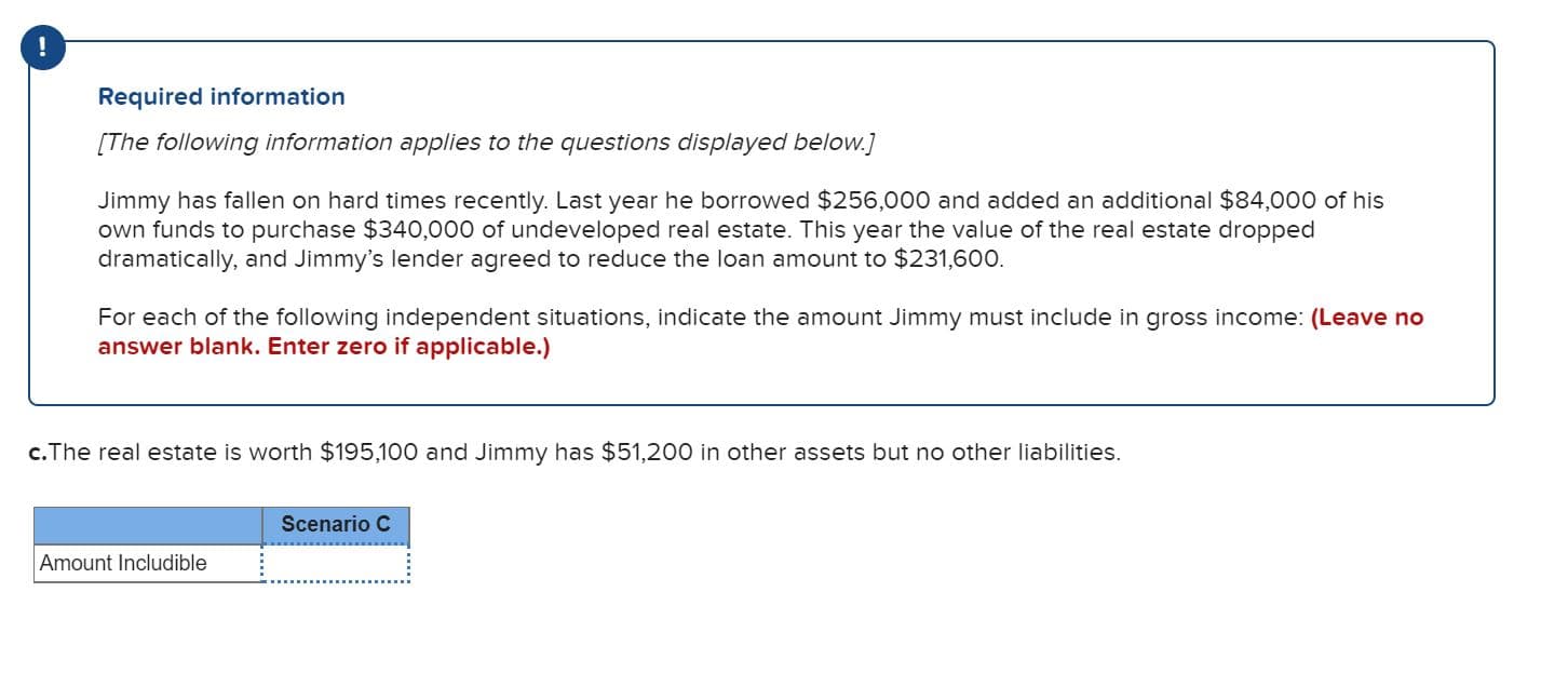 c.The real estate is worth $195,100 and Jimmy has $51,200 in other assets but no other liabilities.
Scenario C
Amount Includible

