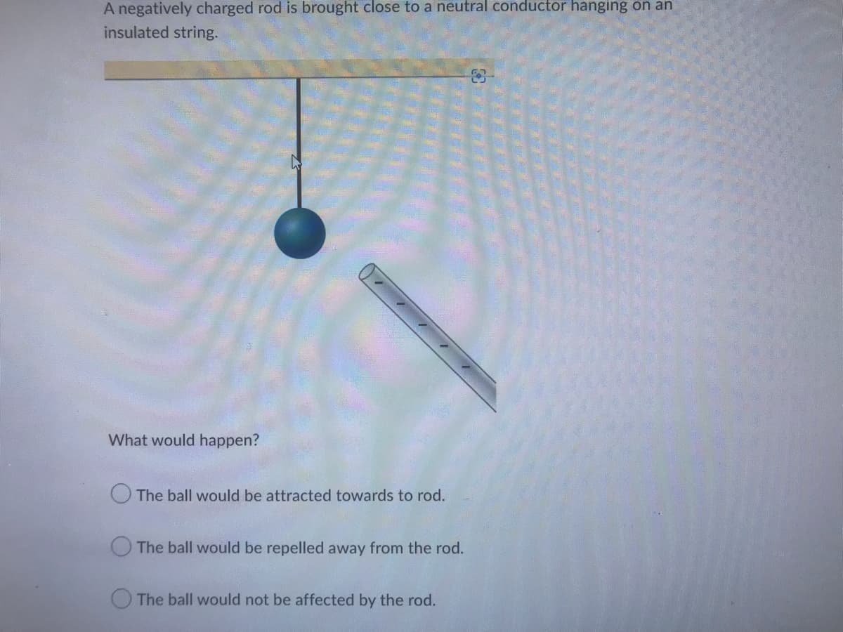 A negatively charged rod is brought close to a neutral conductor hanging on an
insulated string.
What would happen?
The ball would be attracted towards to rod.
The ball would be repelled away from the rod.
The ball would not be affected by the rod.
