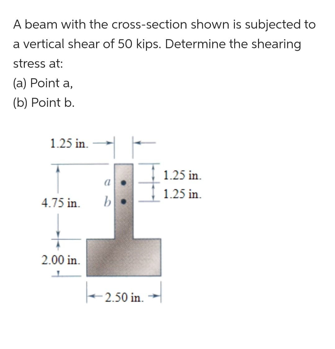 A beam with the cross-section shown is subjected to
a vertical shear of 50 kips. Determine the shearing
stress at:
(a) Point a,
(b) Point b.
1.25 in.
4.75 in.
2.00 in.
a
b
2.50 in.
1.25 in.
1.25 in.