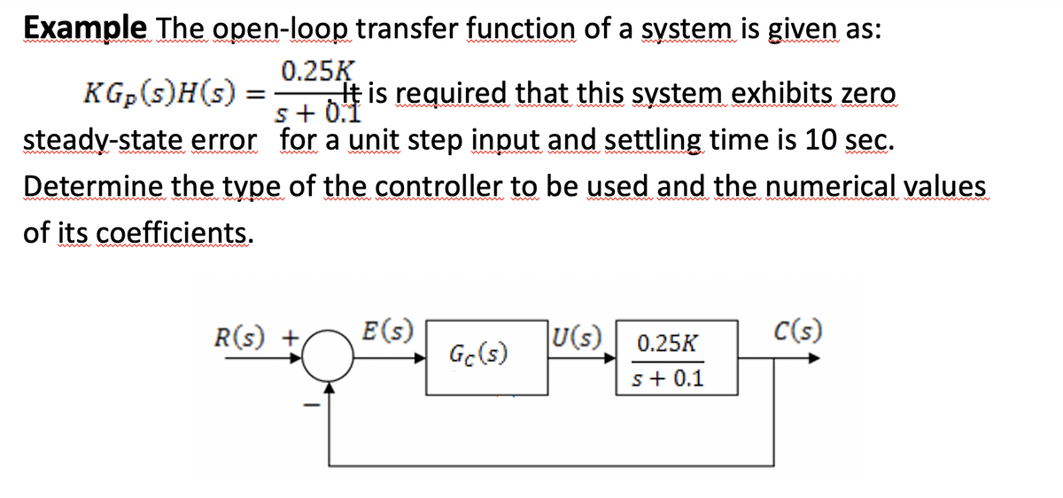 Example The open-loop transfer function of a system is given as:
KGp(s)H(s)
steady-state error for a unit step input and settling time is 10 sec.
0.25K
s+oE Is required that this system exhibits zero
s+ 0.1
Determine the type of the controller to be used and the numerical values
www w w
of its coefficients.
R(s) +
E(s)
|U(s)
C(s)
0.25K
Gc(s)
s+ 0.1
