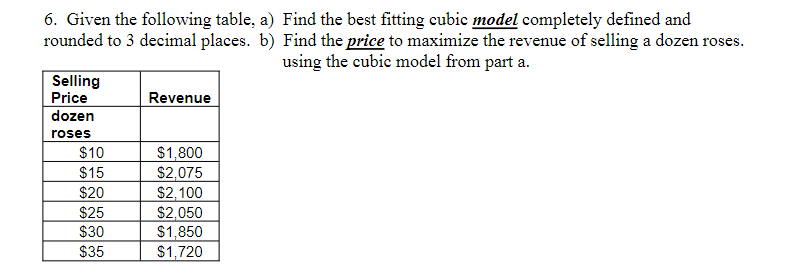 6. Given the following table, a)
rounded to 3 decimal places. b)
Selling
Price
dozen
roses
$10
$15
$20
$25
$30
$35
Revenue
$1,800
$2,075
$2,100
$2,050
$1,850
$1,720
Find the best fitting cubic model completely defined and
Find the price to maximize the revenue of selling a dozen roses.
using the cubic model from part a.