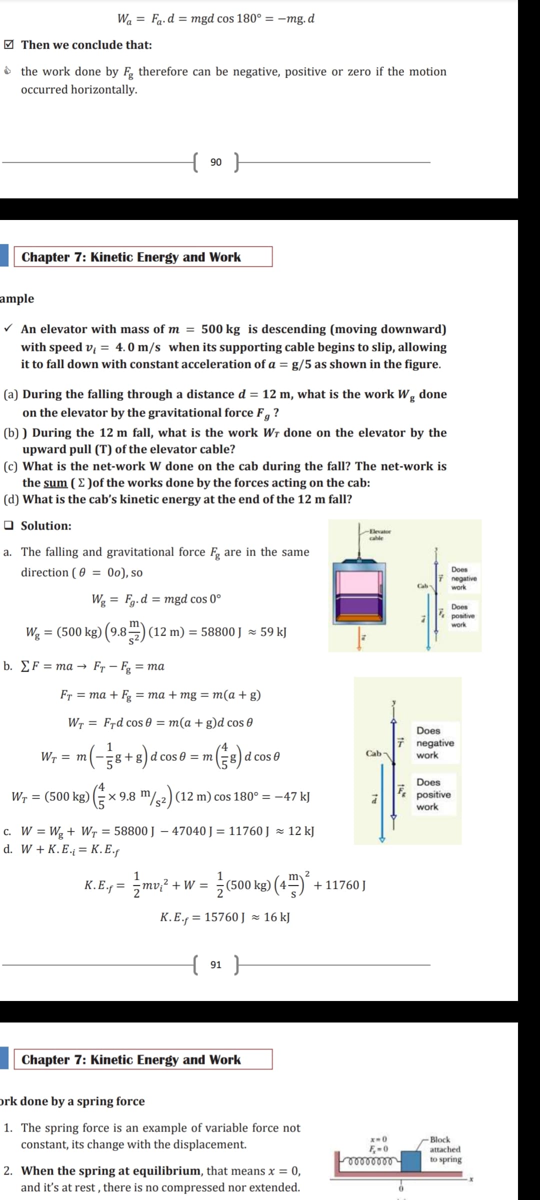 Wa = Fa-d = mgd cos 180° = -mg.d
M Then we conclude that:
* the work done by F therefore can be negative, positive or zero if the motion
occurred horizontally.
{ 90 }
Chapter 7: Kinetic Energy and Work
ample
V An elevator with mass of m =
500 kg is descending (moving downward)
with speed vi = 4.0 m/s when its supporting cable begins to slip, allowing
it to fall down with constant acceleration of a = g/5 as shown in the figure.
(a) During the falling through a distance d = 12 m, what is the work Wg done
on the elevator by the gravitational force F , ?
(b) ) During the 12 m fall, what is the work Wr done on the elevator by the
upward pull (T) of the elevator cable?
(c) What is the net-work W done on the cab during the fall? The net-work is
the sum ( E )of the works done by the forces acting on the cab:
(d) What is the cab's kinetic energy at the end of the 12 m fall?
O Solution:
-Elevator
cable
a. The falling and gravitational force F are in the same
Does
direction ( 0
0), so
7 negative
Cab
work
Wg = Fg.d = mgd cos 0°
Does
positive
work
Wg = (500 kg) (9.8) (12 m) = 58800 J × 59 kJ
b. EF = ma →
Fr – Fg
= ma
FT = ma + Fg
%3D та + mg 3 т(а + g)
Wt = Frd cos 0 =
m(a + g)d cos 0
Does
7 negative
W, = m(-8+8)d
1
g +g)d cos 0 = m
g)d cos 0
Cab-
work
Does
(4
Wr
(500 kg) |
× 9.8 m/2)(12 m) cos 180° = -47 kJ
positive
work
c. W = Wg + Wr = 58800 J – 47040 J =
d. W + K. E.j = K.E.f
11760 J z 12 kJ
1
2
1
(500 kg) (4-
m
K.E.f = ¬mv;² + W =
+ 11760 J
K.E.f = 15760 J × 16 kJ
91
Chapter 7: Kinetic Energy and Work
ork done by a spring force
1. The spring force is an example of variable force not
constant, its change with the displacement.
Block
attached
to spring
x-0
F,= 0
2. When the spring at equilibrium, that means x = 0,
and it's at rest , there is no compressed nor extended.
