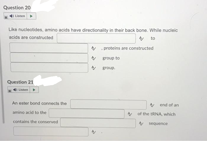 Question 20
4 Listen
Like nucleotides, amino acids have directionality in their back bone. While nucleic
acids are constructed
A to
A , proteins are constructed
group to
group.
Question 21
4) Listen
An ester bond connects the
A end of an
amino acid to the
A of the tRNA, which
contains the conserved
A sequence

