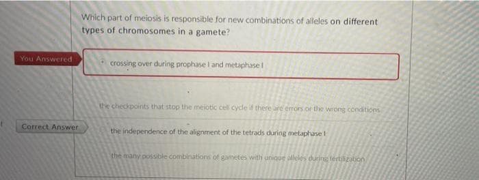 Which part of meiosis is responsible for new combinations of alleles on different
types of chromosomes in a gamete?
You Answered
crossing over during prophase I and metaphase I
the checkpoints that stop the meiotic cell cydle if there are errors.or the wrong conditions
Correct Answer
the independence of the alignment of the tetrads during metaphase I
the many possible combinations of gametes with unique alleles durini fertiization
