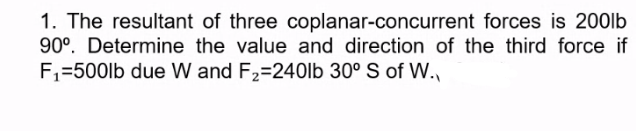 1. The resultant of three coplanar-concurrent forces is 20Olb
90°. Determine the value and direction of the third force if
F,=500lb due W and F2=240lb 30° S of W.
