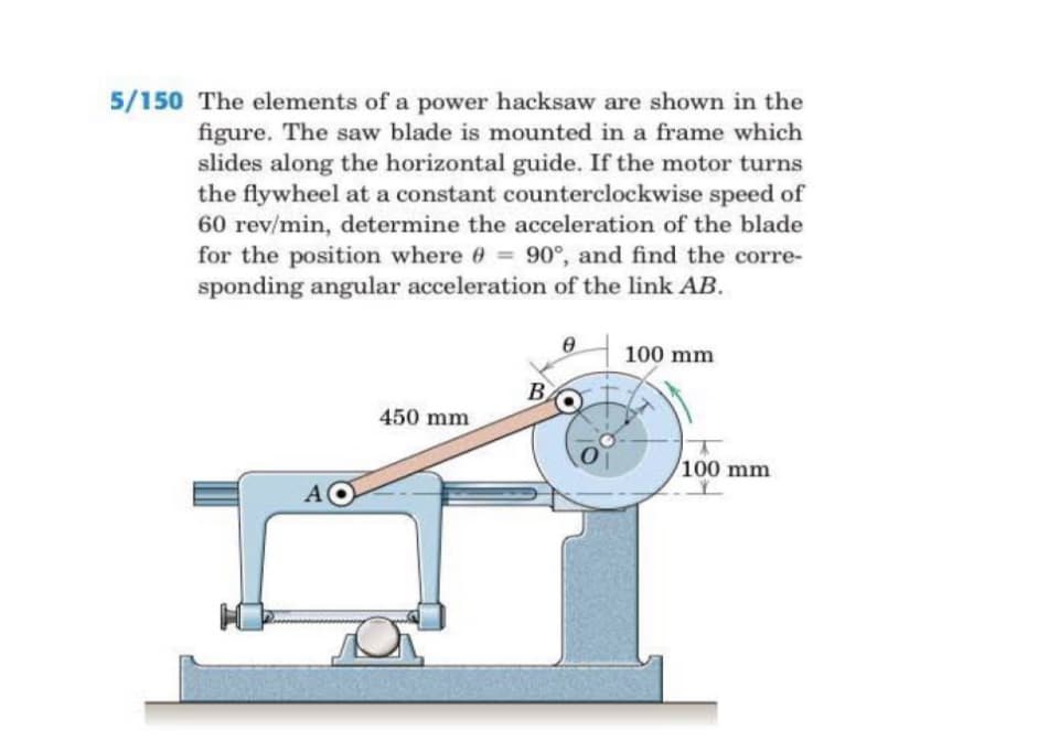 5/150 The elements of a power hacksaw are shown in the
figure. The saw blade is mounted in a frame which
slides along the horizontal guide. If the motor turns
the flywheel at a constant counterclockwise speed of
60 rev/min, determine the acceleration of the blade
for the position where 0 = 90°, and find the corre-
sponding angular acceleration of the link AB.
100 mm
B
450 mm
100 mm
A

