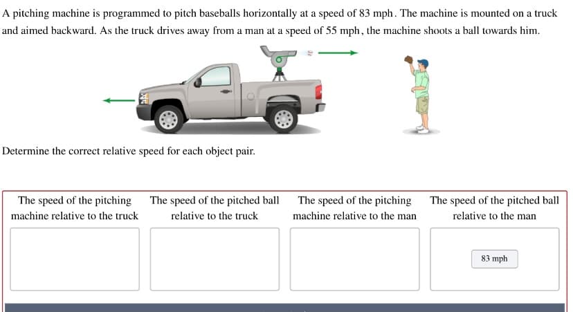 A pitching machine is programmed to pitch baseballs horizontally at a speed of 83 mph. The machine is mounted on a truck
and aimed backward. As the truck drives away from a man at a speed of 55 mph, the machine shoots a ball towards him.
Determine the correct relative speed for each object pair.
The speed of the pitching The speed of the pitched ball
The speed of the pitching The speed of the pitched ball
machine relative to the truck
relative to the truck
machine relative to the man
relative to the man
83 mph
