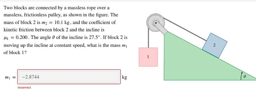 Two blocks are connected by a massless rope over a
massless, frictionless pulley, as shown in the figure. The
mass of block 2 is m2 = 10.1 kg, and the coefficient of
kinetic friction between block 2 and the incline is
Hk = 0.200. The angle 0 of the incline is 27.5°. If block 2 is
2
moving up the incline at constant speed, what is the mass m
of block 1?
kg
m1 =
-2.8744
Incorrect
