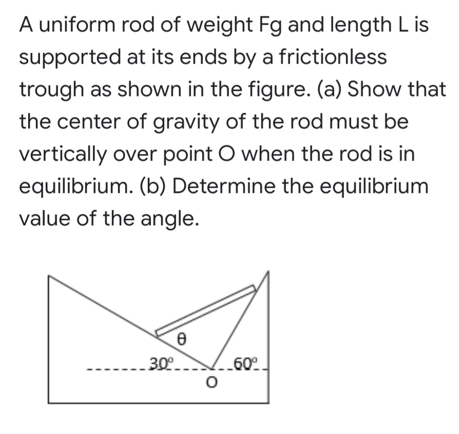 A uniform rod of weight Fg and length L is
supported at its ends by a frictionless
trough as shown in the figure. (a) Show that
the center of gravity of the rod must be
vertically over point O when the rod is in
equilibrium. (b) Determine the equilibrium
value of the angle.
30°.
_60°
