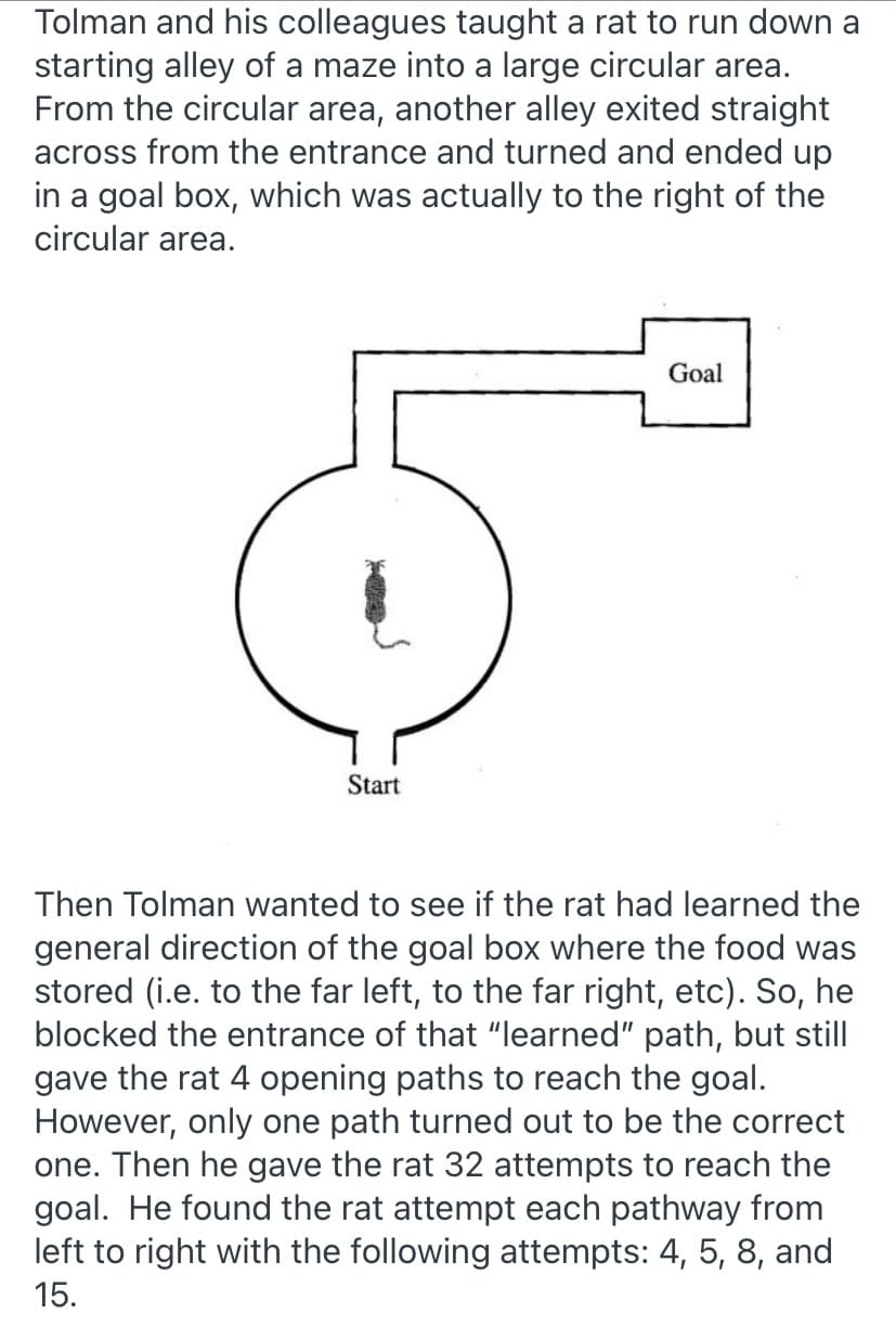 Tolman and his colleagues taught a rat to run down a
starting alley of a maze into a large circular area.
From the circular area, another alley exited straight
across from the entrance and turned and ended up
in a goal box, which was actually to the right of the
circular area.
Goal
Start
Then Tolman wanted to see if the rat had learned the
general direction of the goal box where the food was
stored (i.e. to the far left, to the far right, etc). So, he
blocked the entrance of that "learned" path, but still
gave the rat 4 opening paths to reach the goal.
However, only one path turned out to be the correct
one. Then he gave the rat 32 attempts to reach the
goal. He found the rat attempt each pathway from
left to right with the following attempts: 4, 5, 8, and
15.
