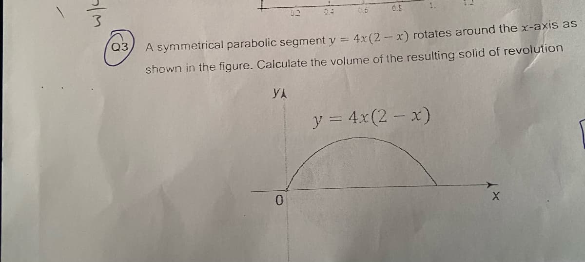 02
0.6
0.5
Q3
A symmetrical parabolic segment y =
4x (2-x) rotates around the x-axis as
shown in the figure. Calculate the volume of the resulting solid of revolution
YA
y = 4x(2-x)
