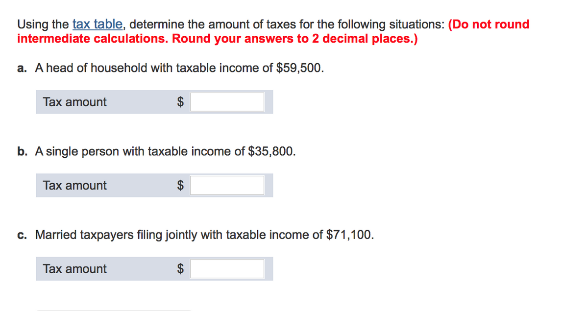 Using the tax table, determine the amount of taxes for the following situations: (Do not round
intermediate calculations. Round your answers to 2 decimal places.)
a. A head of household with taxable income of $59,500.
Tax amount
b. A single person with taxable income of $35,800.
Tax amount
c. Married taxpayers filing jointly with taxable income of $71,100.
Tax amount