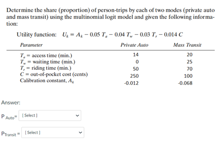 Determine the share (proportion) of person-trips by each of two modes (private auto
and mass transit) using the multinomial logit model and given the following informa-
tion:
Utility function: U, = A, – 0.05 T, – 0.04 T, – 0.03 T, – 0.014 C
Parameter
Private Auto
Mass Transit
T, = access time (min.)
T, = waiting time (min.)
T, = riding time (min.)
C= out-of-pocket cost (cents)
Calibration constant, A
14
20
25
50
70
250
100
-0.012
-0.068
Answer:
PAuto I Select)
PTransit=
[ Select )
>
