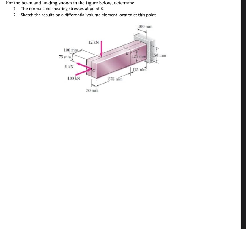 For the beam and loading shown in the figure below, determine:
1- The normal and shearing stresses at point K
2- Sketch the results on a differential volume element located at this point
100 mm
12 kN
100 mm
75 mm
125 mm 150 mm
9 kN
175 nim
100 KN
375 mm
50 mm
