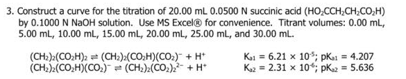 3. Construct a curve for the titration of 20.00 mL 0.0500 N succinic acid (HO;CCH;CH,CO,H)
by 0.1000 N NaOH solution. Use MS Excel® for convenience. Titrant volumes: 0.00 mL,
5.00 mL, 10.00 mL, 15.00 mL, 20.00 ml, 25.00 mL, and 30.00 mL.
(CH)2(CO2H)2 = (CH2)2(CO2H)(CO2) + H*
(CH.)2(CO,H)(CO.) (CH2)2(CO2), + H*
Kai = 6.21 x 10s; pKai = 4.207
Ka2 = 2.31 x 106; pK2 = 5.636
%3!
%3D
%3!
