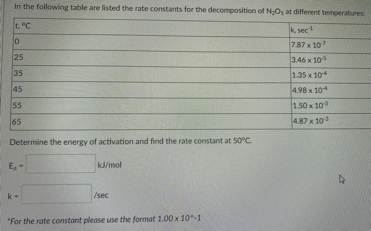 In the following table are listed the rate constants for the decomposition of N2O5 at different temperatures:
t, °C
k, sec 1
7.87 x 10-7
25
3.46 x 10-5
35
1.35 x 10-4
45
4.98 x 10-4
55
1.50 x 10 3
65
4.87 x 103
Determine the energy of activation and find the rate constant at 50°C.
E,
kJ/mol
/sec
"For the rate constant please use the format 1.00 x 10^-1
