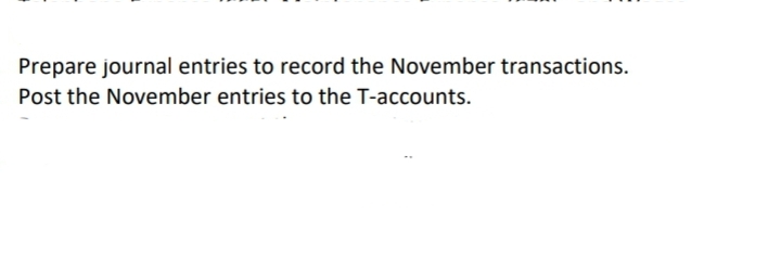 Prepare journal entries to record the November transactions.
Post the November entries to the T-accounts.
