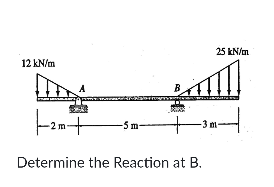 25 kN/m
12 kN/m
A
B
В
m-
-5 m-
-3 m-
Determine the Reaction at B.
