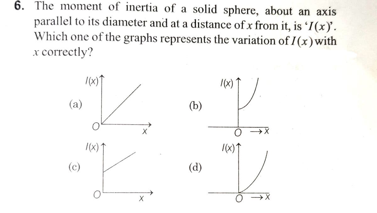 6. The moment of inertia of a solid sphere, about an axis
parallel to its diameter and at a distance of x from it, is 'I(x)'.
Which one of the graphs represents the variation of I(x) with
x correctly?
(a)
(c)
/(x)
Y
X
X
(b)
(d)
/(X)
/(X) ↑
→ X
X