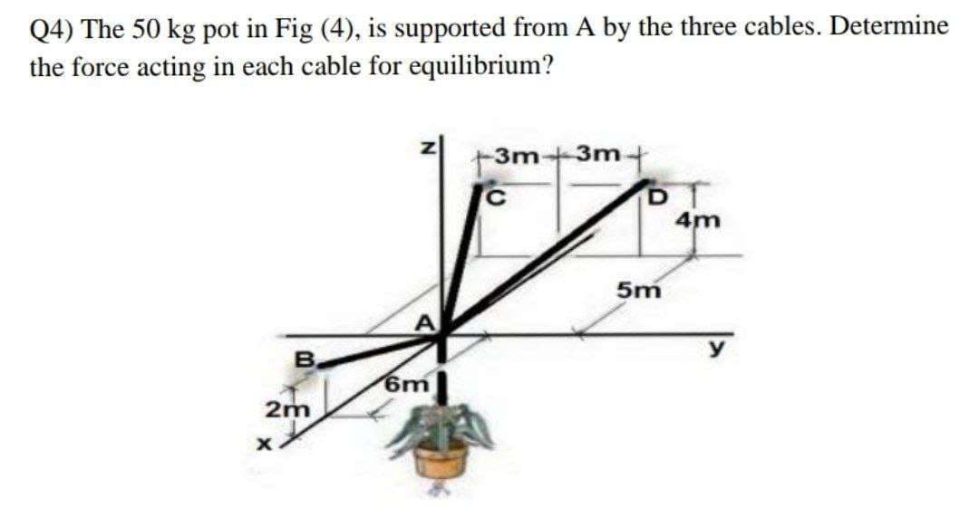 Q4) The 50 kg pot in Fig (4), is supported from A by the three cables. Determine
the force acting in each cable for equilibrium?
B
2m
6m
3m 3m +
D
Tºam
4m
5m