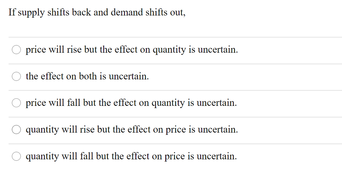 If supply shifts back and demand shifts out,
price will rise but the effect on quantity is uncertain.
the effect on both is uncertain.
price will fall but the effect on quantity is uncertain.
quantity will rise but the effect on price is uncertain.
quantity will fall but the effect on price is uncertain.
