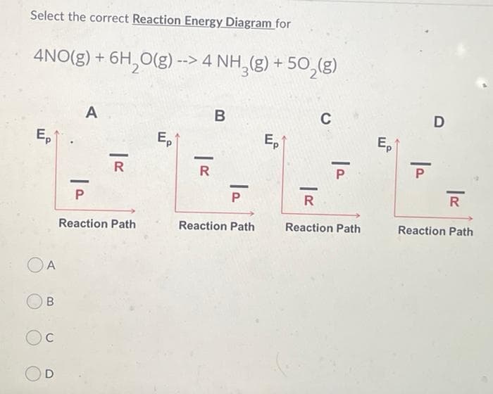 Select the correct Reaction Energy Diagram for
4NO(g) + 6H,0(g) --> 4 NH,(g) + 50,(g)
A
B
C
D
E,
E,
Ep
Ep
R
R
P.
-
-
-
P
R
Reaction Path
Reaction Path
Reaction Path
Reaction Path
C
D
B.
