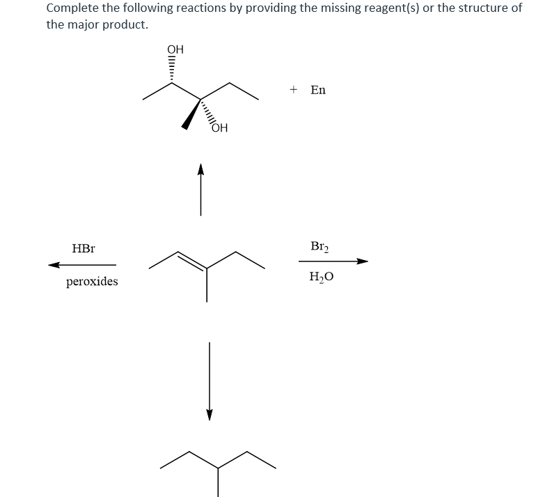 Complete the following reactions by providing the missing reagent(s) or the structure of
the major product.
OH
+ En
HBr
Br2
peroxides
H,O
