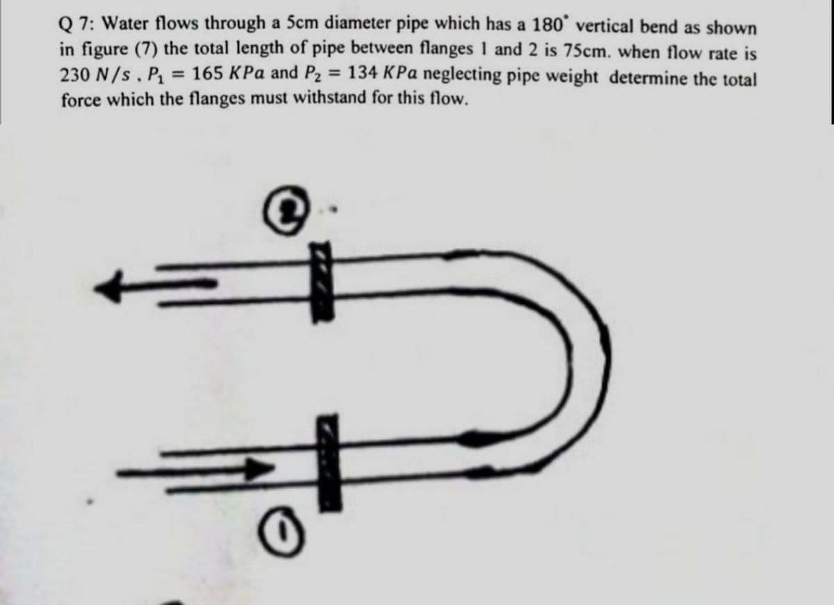Q 7: Water flows through a 5cm diameter pipe which has a 180° vertical bend as shown
in figure (7) the total length of pipe between flanges I and 2 is 75cm. when flow rate is
230 N/s,P1 = 165 KPa and P2 = 134 KPa neglecting pipe weight determine the total
force which the flanges must withstand for this flow.
킹