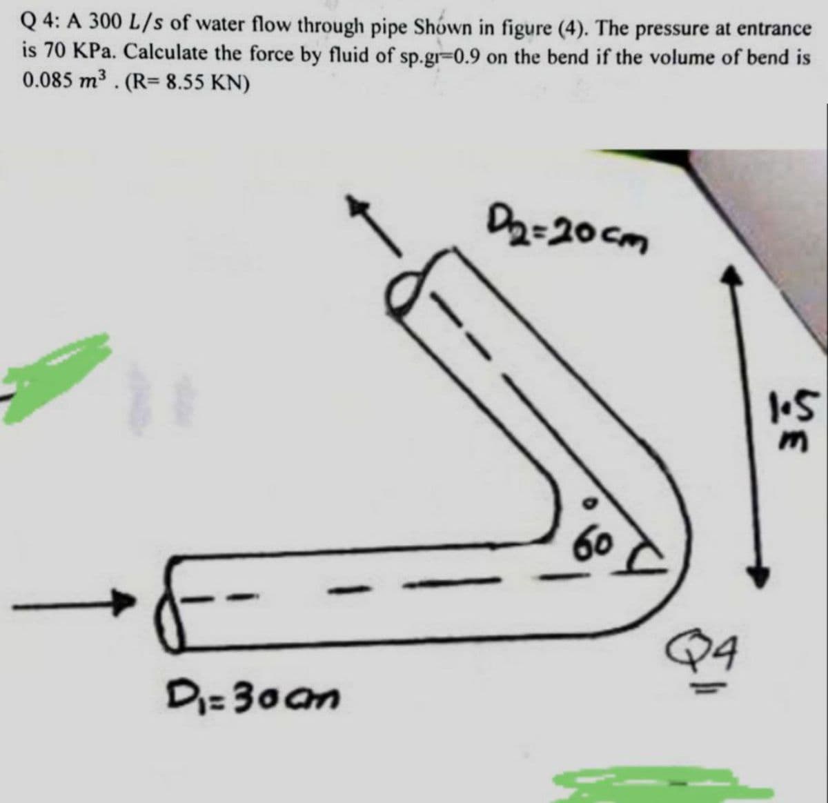 Q4: A 300 L/s of water flow through pipe Shown in figure (4). The pressure at entrance
is 70 KPa. Calculate the force by fluid of sp.gr-0.9 on the bend if the volume of bend is
0.085 m³. (R= 8.55 KN)
D₁=30cm
D₂=20cm
6
Q4
1.5