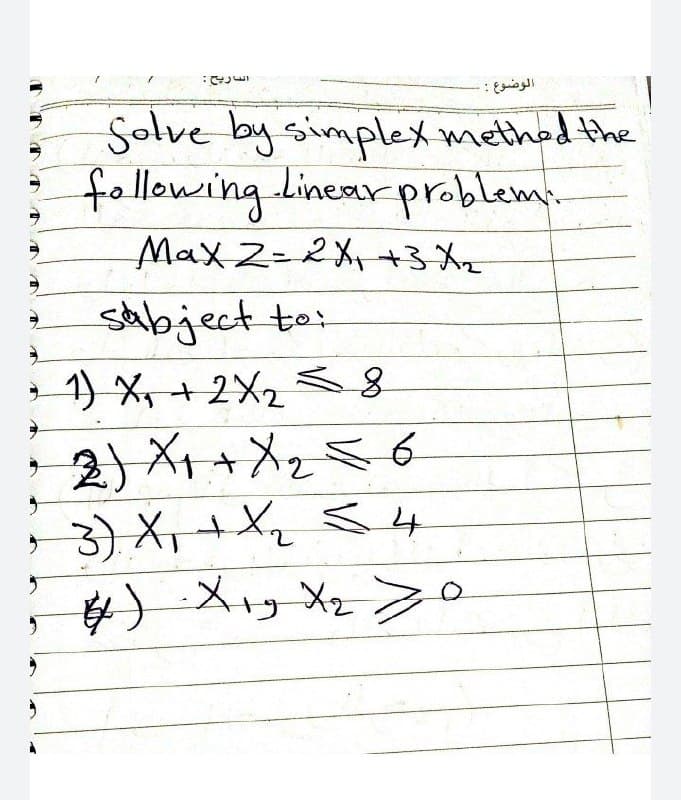 Solve by simplex methed the
following.Linear problem:
.
Max Z=2X+3 Xz
sabject to:
1) X,+ 2X2 8
- 2) X+ + Xz5 6
*3)X,+X,ミ4
