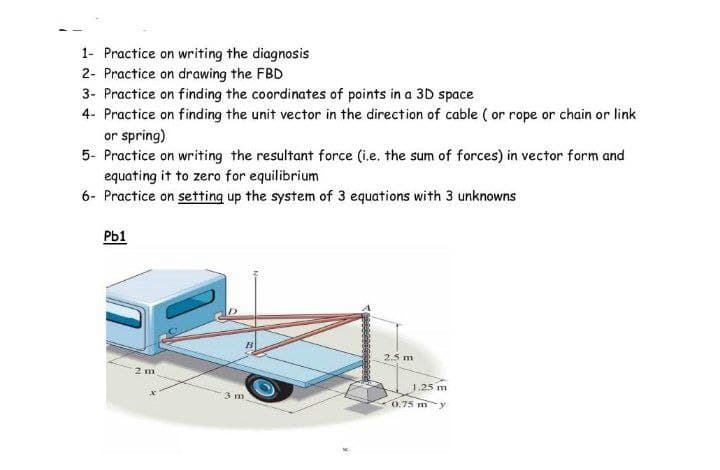 1- Practice on writing the diagnosis
2- Practice on drawing the FBD
3- Practice on finding the coordinates of points in a 3D space
4- Practice on finding the unit vector in the direction of cable ( or rope or chain or link
or spring)
5- Practice on writing the resultant force (i.e. the sum of forces) in vector form and
equating it to zero for equilibrium
6- Practice on setting up the system of 3 equations with 3 unknowns
Pb1
2.5 m
2 m
1.25 m
3 m
0.75 m
