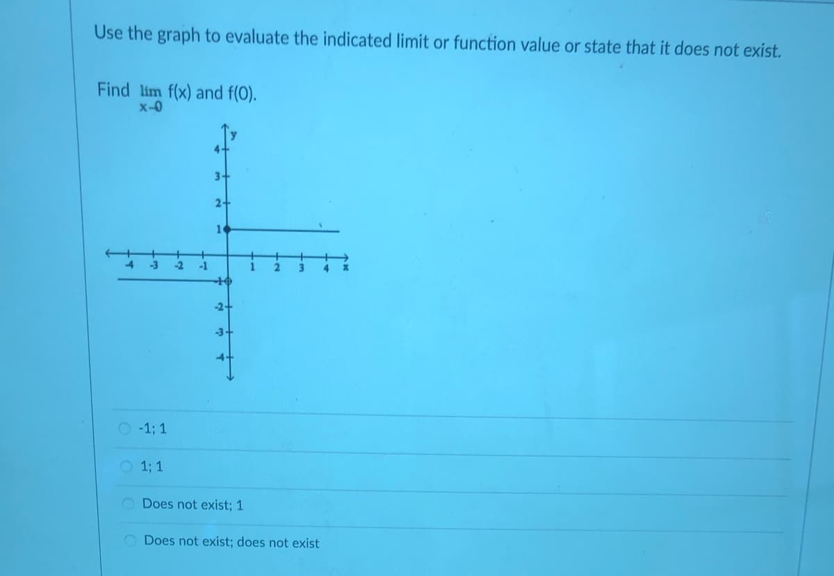 Use the graph to evaluate the indicated limit or function value or state that it does not exist.
Find lim f(x) and f(0).
x-0
3-
1
-3
-2
-1
1
2
3
-2+
-3+
O-1; 1
1; 1
Does not exist; 1
O Does not exist; does not exist
