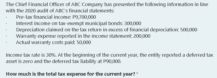 The Chief Financial Officer of ABC Company has presented the following information in line
with the 2020 audit of ABC's financial statements:
Pre-tax financial income: P9,700,000
Interest income on tax-exempt municipal bonds: 300,000
Depreciation claimed on the tax return in excess of financial depreciation: 500,000
Warranty expense reported in the income statement: 200,000
Actual warranty costs paid: 50,000
Income tax rate is 30%. At the beginning of the current year, the entity reported a deferred tax
asset is zero and the deferred tax liability at P90,000.
How much is the total tax expense for the current year?
