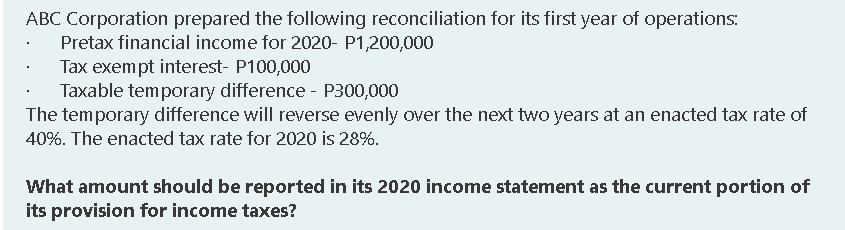 ABC Corporation prepared the following reconciliation for its first year of operations:
Pretax financial income for 2020- P1,200,000
Tax exempt interest- P100,000
Taxable temporary difference - P300,000
The temporary difference will reverse evenly over the next two years at an enacted tax rate of
40%. The enacted tax rate for 2020 is 28%.
What amount should be reported in its 2020 income statement as the current portion of
its provision for income taxes?
