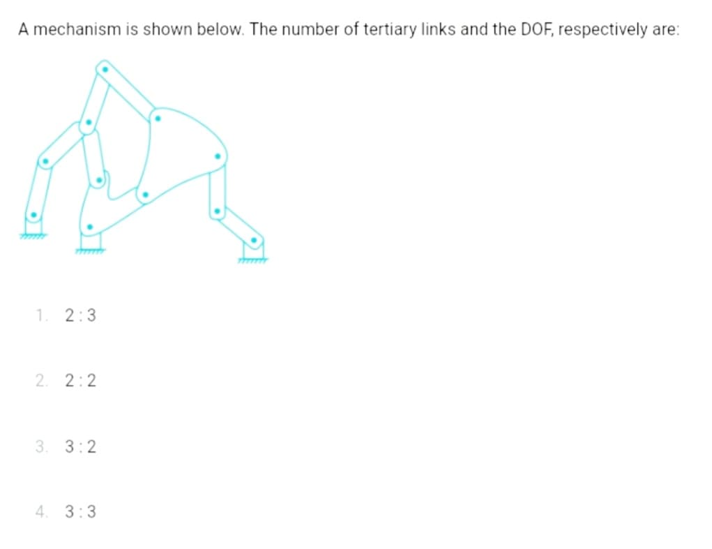 A mechanism is shown below. The number of tertiary links and the DOF, respectively are:
1. 2:3
2. 2:2
3. 3:2
4. 3:3