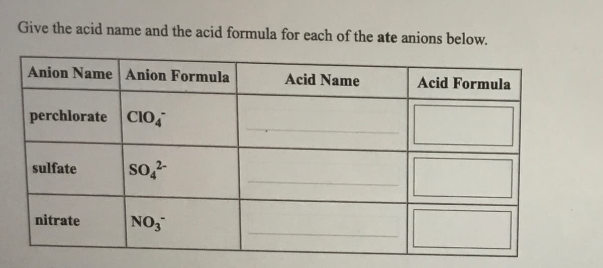 Give the acid name and the acid formula for each of the ate anions below.
Anion Name Anion Formula
Acid Name
Acid Formula
perchlorate CIO
sulfate
so,-
nitrate
NO3

