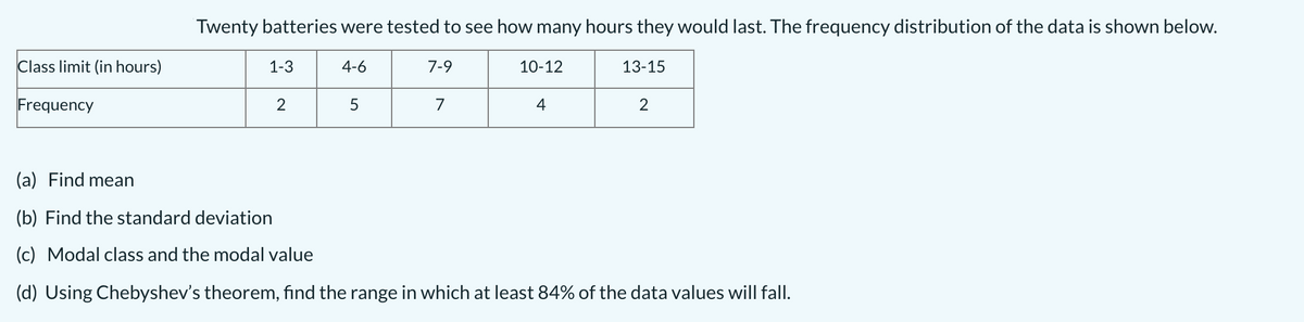 Twenty batteries were tested to see how many hours they would last. The frequency distribution of the data is shown below.
Class limit (in hours)
1-3
4-6
7-9
10-12
13-15
Frequency
2
7
4
2
(a) Find mean
(b) Find the standard deviation
(c) Modal class and the modal value
(d) Using Chebyshev's theorem, fınd the range in which at least 84% of the data values will fall.
