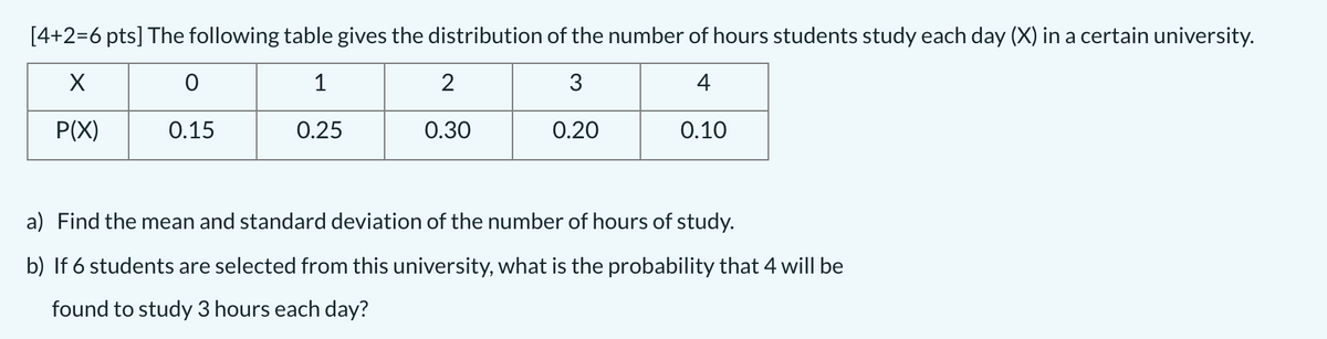 [4+2=6 pts] The following table gives the distribution of the number of hours students study each day (X) in a certain university.
1
3
4
P(X)
0.15
0.25
0.30
0.20
0.10
a) Find the mean and standard deviation of the number of hours of study.
b) If 6 students are selected from this university, what is the probability that 4 will be
found to study 3 hours each day?

