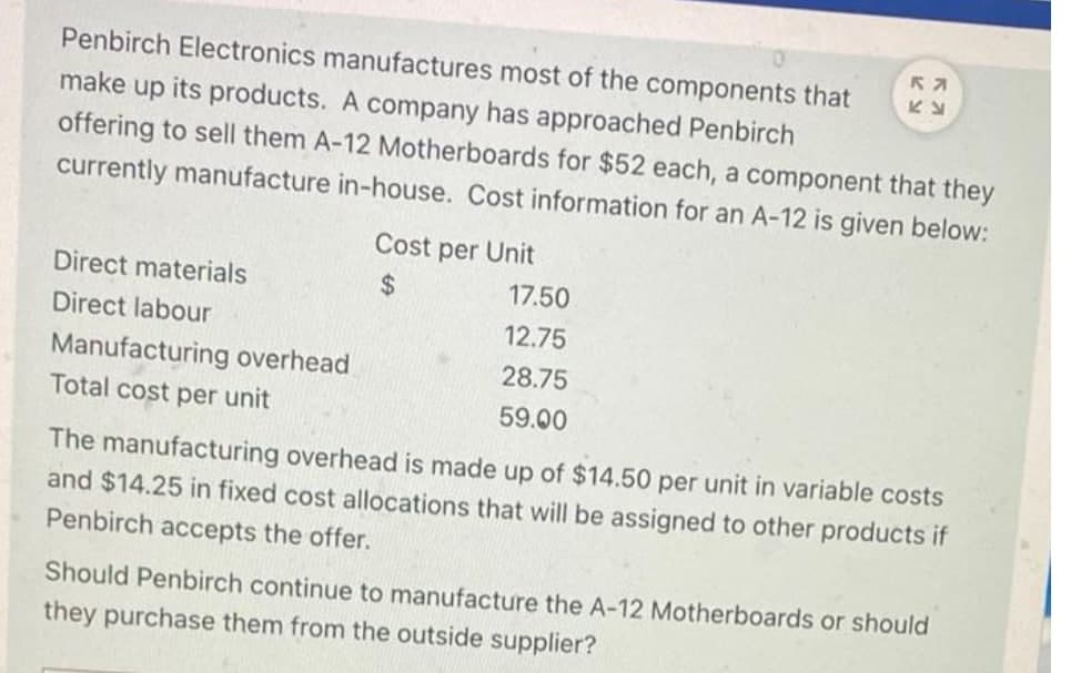 Penbirch Electronics manufactures most of the components that
make up its products. A company has approached Penbirch
offering to sell them A-12 Motherboards for $52 each, a component that they
currently manufacture in-house. Cost information for an A-12 is given below:
Cost per Unit
Direct materials
24
17.50
Direct labour
12.75
Manufacturing overhead
Total cost per unit
28.75
59.00
The manufacturing overhead is made up of $14.50 per unit in variable costs
and $14.25 in fixed cost allocations that will be assigned to other products if
Penbirch accepts the offer.
Should Penbirch continue to manufacture the A-12 Motherboards or should
they purchase them from the outside supplier?

