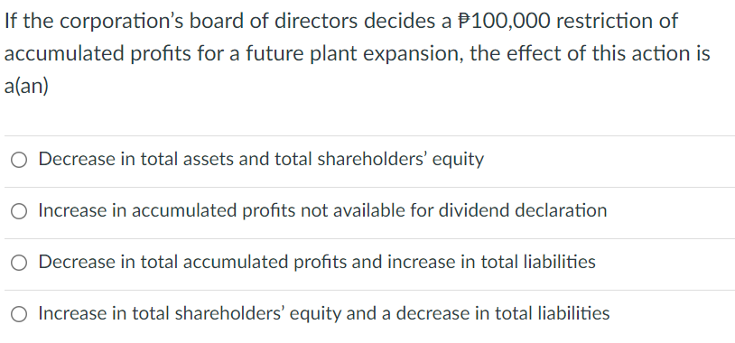 If the corporation's board of directors decides a P100,000 restriction of
accumulated profits for a future plant expansion, the effect of this action is
a(an)
Decrease in total assets and total shareholders' equity
O Increase in accumulated profits not available for dividend declaration
O Decrease in total accumulated profits and increase in total liabilities
O Increase in total shareholders' equity and a decrease in total liabilities
