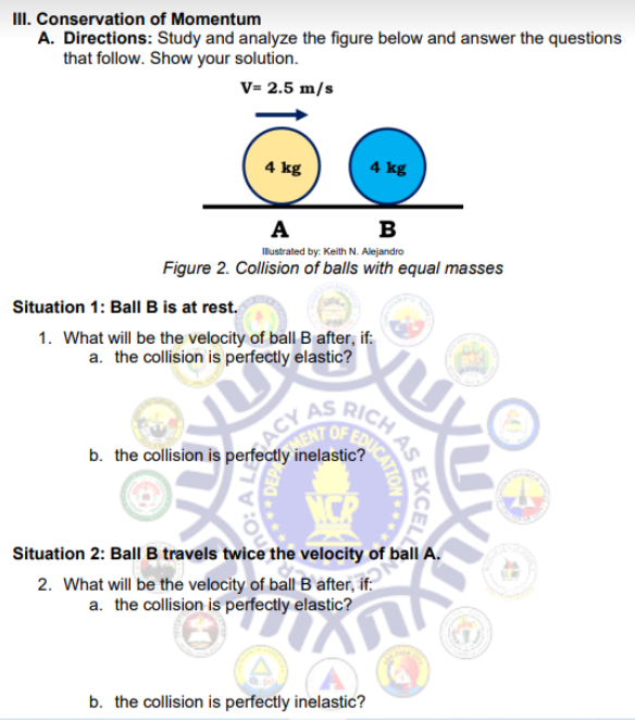 III. Conservation of Momentum
A. Directions: Study and analyze the figure below and answer the questions
that follow. Show your solution.
V= 2.5 m/s
4 kg
4 kg
А
B
Ilustrated by: Keith N. Alejandro
Figure 2. Collision of balls with equal masses
Situation 1: BallB is at rest.
1. What will be the velocity of ball B after, if:
a. the collision is perfectly elastic?
RICH
ACY
MENT
b. the collision is perfectly inelastic?
AS
OF EDU
Situation 2: Ball B travels twice the velocity of ball A.
2. What will be the velocity of ball B after, if:
a. the collision is perfectly elastic?
b. the collision is perfectly inelastic?
AS
EXCEL
TION
** DEPA
80: A L
