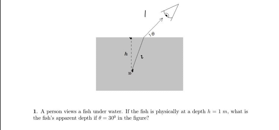 1. A person views a fish under water. If the fish is physically at a depth h = 1 m, what is
the fish's apparent depth if 0 = 30° in the figure?
