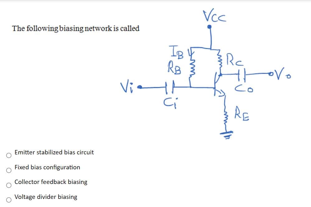 Vcc
The following biasing network is called
IB F
RB
Via
Rc
co
RE
Emitter stabilized bias circuit
Fixed bias configuration
Collector feedback biasing
Voltage divider biasing
