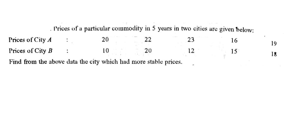 Prices of a particular commodity in 5 years in two cities are given below:
Prices of City A
:
20
22
23
16
19
Prices of City B
10
20
12
15
:
18
Find from the above data the city which had more stable prices.
