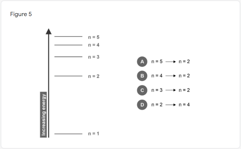 Figure 5
n = 5
n = 4
n = 3
A
n = 5
→ n = 2
n = 2
в
n = 4
n = 2
n = 3
n = 2
D
n = 2
+ n= 4
n = 1
Increasing energy
