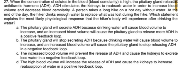 27. When the concentration of solutes in the blood (blood osmolarity) is high, the pituitary gland releases
antidiuretic hormone (ADH). ADH stimulates the kidneys to reabsorb water in order to increase blood
volume and decrease blood osmolarity. A person takes a long hike on a hot day without water. At the
end of the day, the hiker drinks enough water to replace what was lost during the hike. Which statement
explains the most likely physiological response that the hiker's body will experience after drinking the
water?
a. The pituitary gland will secrete ADH because drinking water will cause blood volume to
increase, and an increased blood volume will cause the pituitary gland to release more ADH in
a positive feedback loop.
b. The pituitary gland will stop secreting ADH because drinking water will cause blood volume to
increase, and an increased blood volume will cause the pituitary gland to stop releasing ADH
in a negative feedback loop.
c. The increased blood volume will prevent the release of ADH and cause the kidneys to excrete
less water in a negative feedback loop.
d. The high blood volume will increase the release of ADH and cause the kidneys to increase
reabsorption of water in a positive feedback loop.
