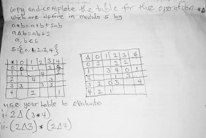 f fel
(opy and complete the table for thhe operation xA
which are defene in modulo 5 by
axb=a+b+2ab
9Ab=abt2
a, b€s
23
I/23/4
34
*10
22
3 40
31
4.
2.
4
33
203
42
use your table to evaluate
i. 2A(3*4)
i-(243) (2A4)
