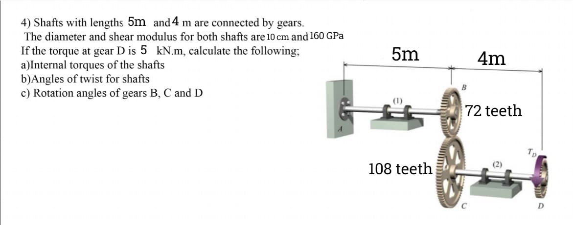 4) Shafts with lengths 5m and 4 m are connected by gears.
The diameter and shear modulus for both shafts are 10 cm and 160 GPa
If the torque at gear D is 5 kN.m, calculate the following;
a)Internal torques of the shafts
b)Angles of twist for shafts
c) Rotation angles of gears B, C and D
5m
4m
B
(1)
72 teeth
108 teeth
(2)
