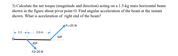 3) Calculate the net torque (magnitude and direction) acting on a 1.5-kg mass horizontal beam
shown in the figure about pivot point O. Find angular acceleration of the beam at the instant
shown. What is acceleration of right end of the beam?
F:=25 N
2.0 m
50°
459
F2=20 N
