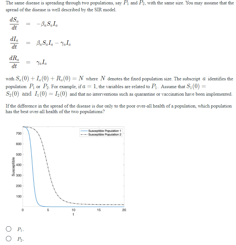 The same disease is spreading through two populations, say Pi and P2, with the same size. You may assume that the
spread of the disease is well described by the SIR model.
dSa
- BaSaIa
dt
dla
-
dt
dRa
YaIa
dt
with Sa(0) + I.(0) + R.(0) = N where N denotes the fixed population size. The subscript a identifies the
population P or P2. For example, if a = 1, the variables are related to P1. Assume that S1 (0) =
S2 (0) and I1(0) = I½(0) and that no interventions such as quarantine or vaccination have been implemented.
If the difference in the spread of the disease is due only to the poor over-all health of a population, which population
has the best over-all health of the two populations?
- Susceptible Population 1
- Susceptible Population 2
700
600
500
400
300
200
100
10
15
20
t
P1.
P2.
Susceptible
